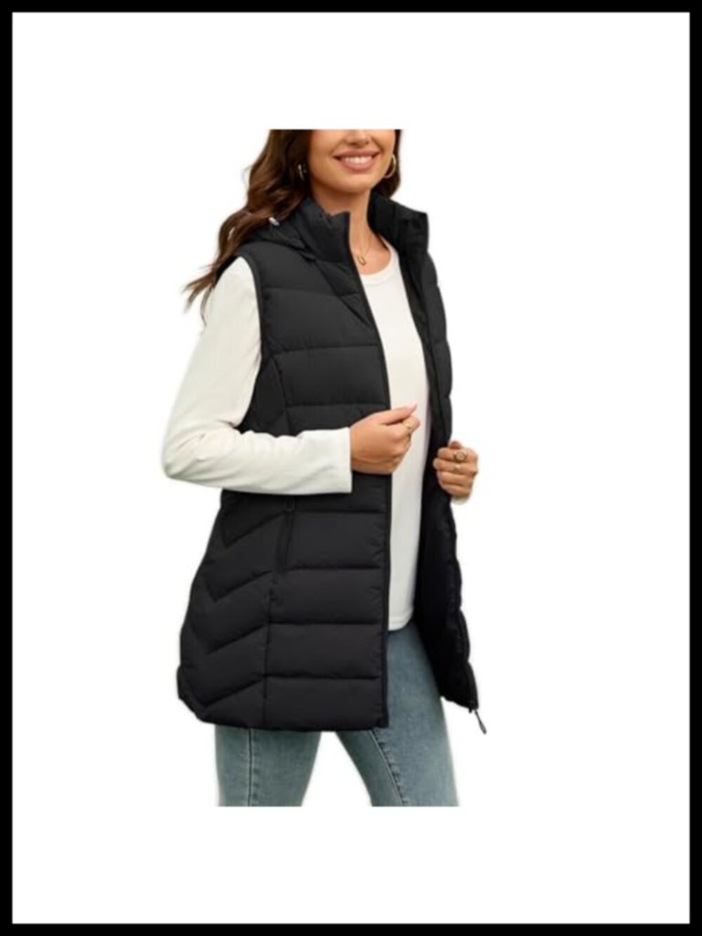 Fleece-Lined Long Puffer Vest Sleeveless Hooded Thickened Winter Vest Pockets